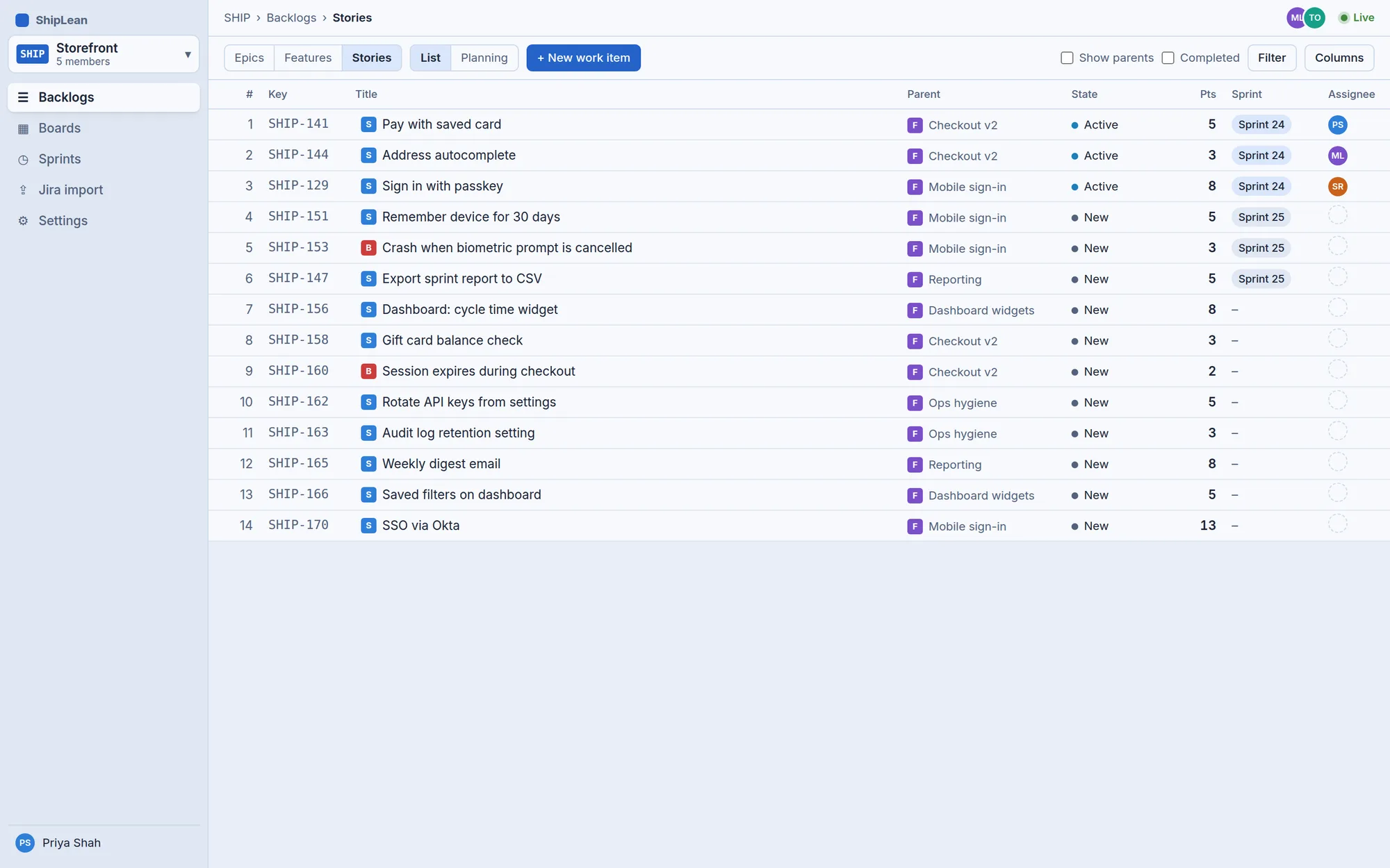 ShipLean Backlog screen