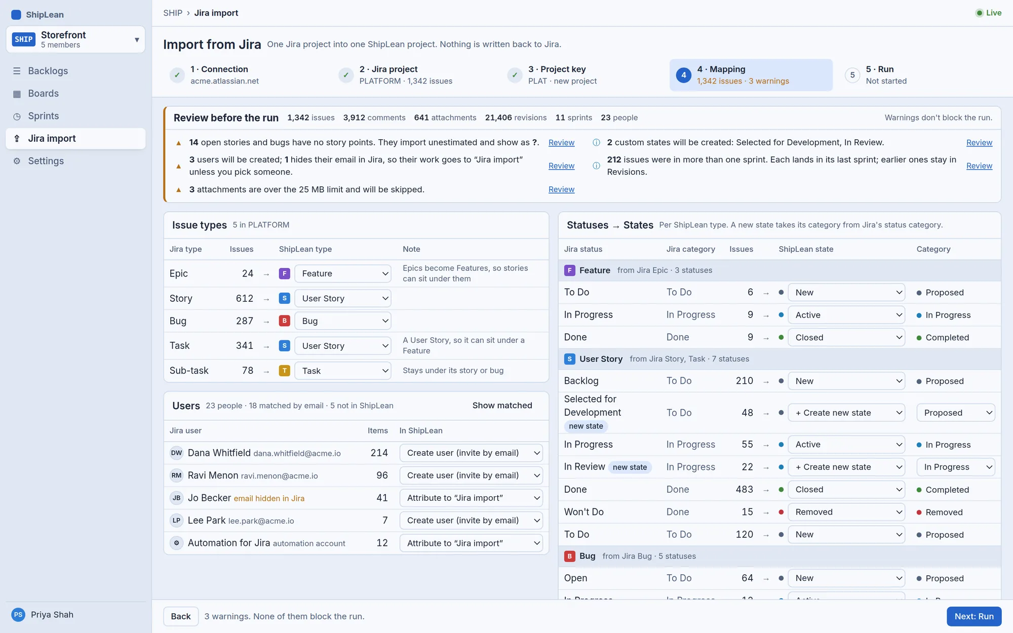 Jira import mapping review: issue types, statuses and users